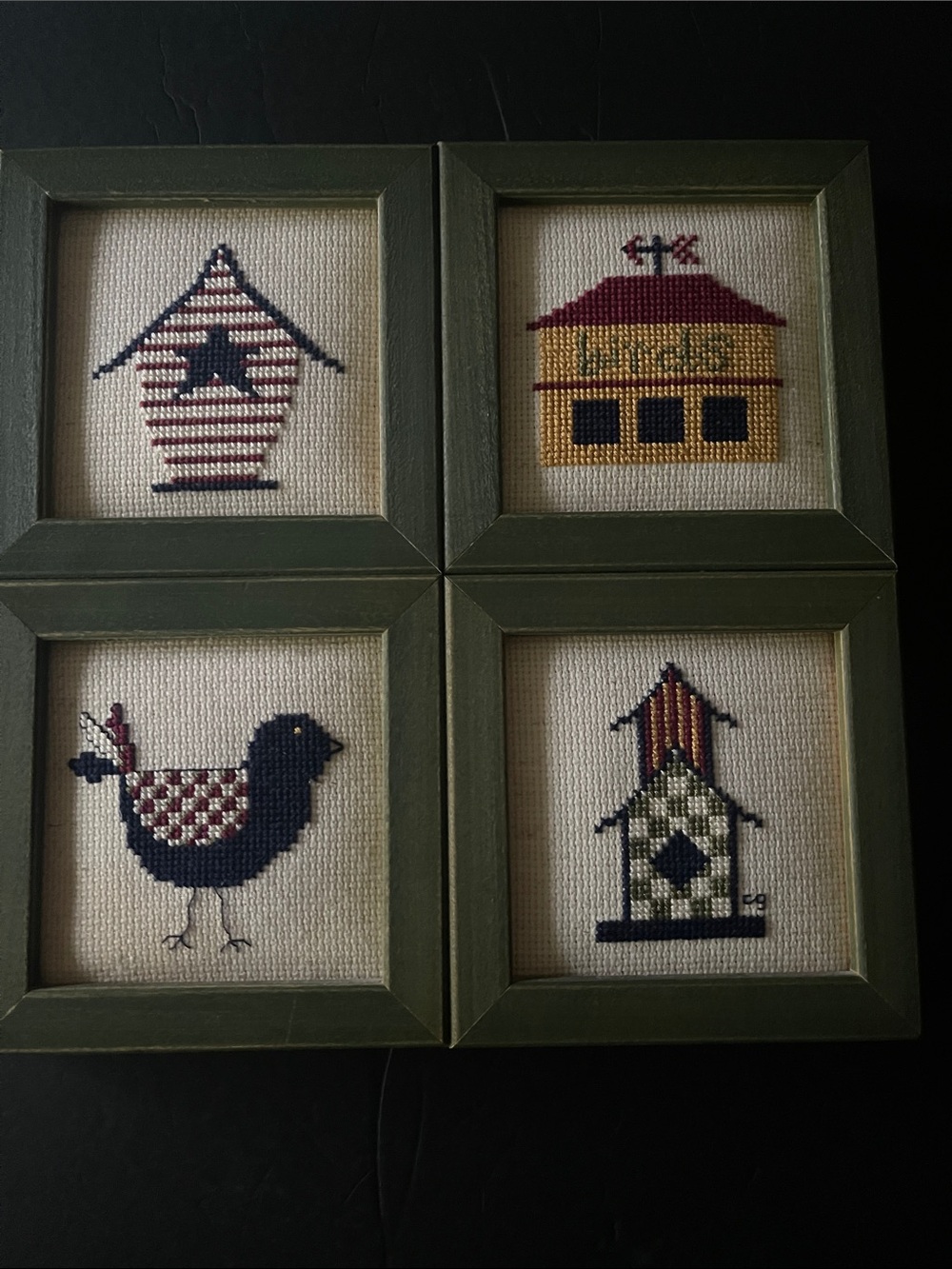 Handstitched Folk Bird and Birdhouse Cross-Stitch Set - Black & Cream